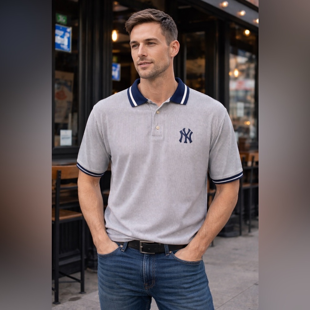 Dynasty New York Yankees Polo Shirt Navy & White Textured Size Large